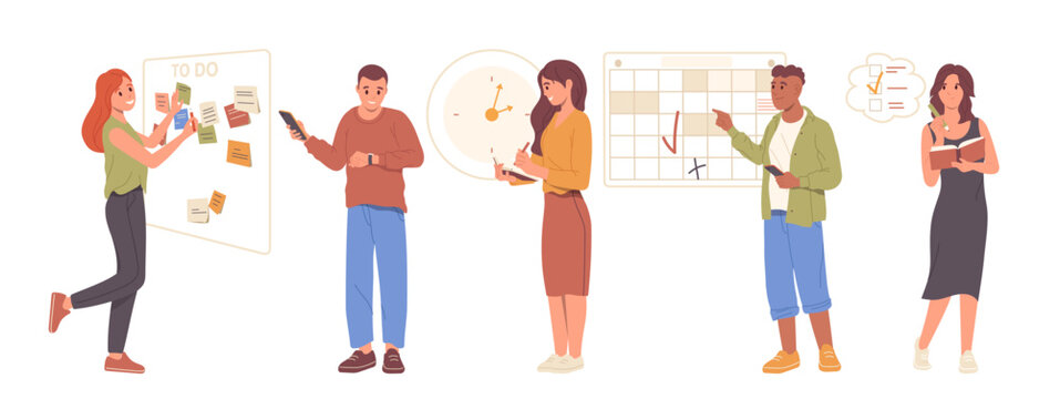 Diverse business people characters working on schedule, planning work time, organizing workflow set