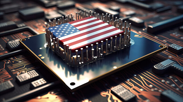 Computerchip mit der Flagge der Vereinigten Staaten von Amerika. (Generative AI)