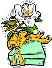 Present box with ribbon bow decorated with flowers for birthday gift, sale promotion, valentines or mothers day card, poster print. Hand drawn cartoon style illustration. Line vector drawing.