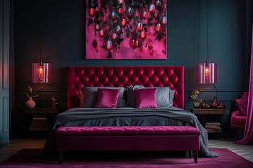 Bedroom with viva magenta accents, a color trend for 2023. Modern furniture and interior design for luxurious rooms. blank wall as a backdrop. large bed in a luxurious hotel. Generative AI