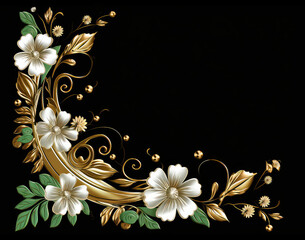 Metallic effect floral swirl design with gold branches, green leaves, and white flower blossoms, on black background.  Abstract illustration created with Generative AI technology. 
