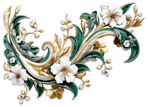 Floral swirl design element in gold, green, and white with white flower blossoms on a white background. Abstract  painting style illustration created with Generative AI technology.

