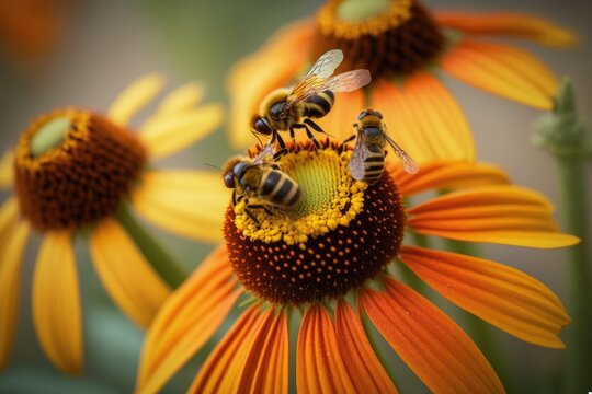 In a summer garden, bees flutter around an orange Helenium Indian summer flower. Generative AI