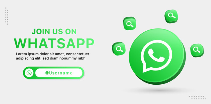 Join follow us on whatsapp. 3d whatsapp logo social media icons, lower third banner , whatsapp circle button icon 3d with search bar magnifying glass 3d icon square button