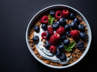 overhead healthy breakfast bowl filled with berry on black background. ai generative