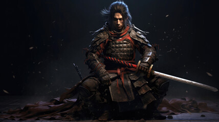 Fototapeta premium Male asian warrior portrait. Samurai in traditional armor with katana. Created with Generative AI