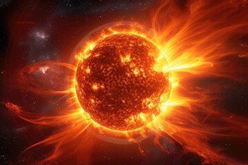 Obraz premium Surface of sun with prominences, solar radiation and magnetic storm. Solar plasma flames. Sun star in space. Created with Generative AI