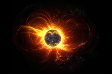 Surface of sun with prominences, solar radiation and magnetic storm. Solar plasma flames. Sun star in space. Created with Generative AI