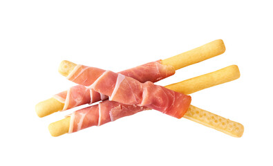 Parma ham prosciutto with Italian grissini breadsticks isolated on white background top view.