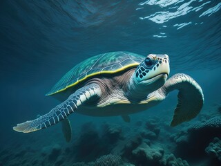 Fototapeta premium Portrait of a happy sea turtle swimming. ai generative