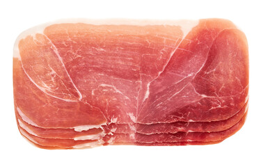 Slices of parma ham prosciutto isolated on white background. Slice of a prosciutto ham isolated