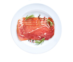 Spanish jamon cut, parma ham cutting with rosemary and spice in a plate isolated on white background.