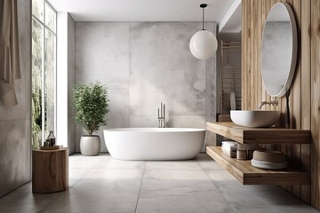Bathroom interior in white and wood with a concrete floor and a white bathtub. Up close. a mockup. Generative AI