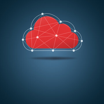 Floating red cloud above blue background with mesh polygon wireframe. Cloud computing, networking, communication and technology concept illustration with copy space.