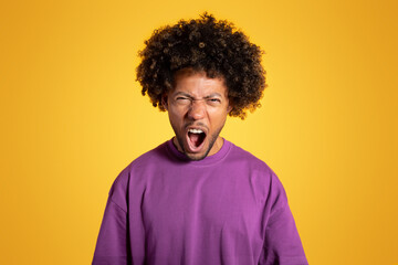 Fototapeta na wymiar Sad angry mature black curly man in purple t-shirt screaming with open mouth