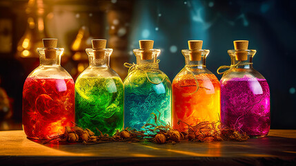 Obraz na płótnie Canvas Colorful Magic Potions in Bottles on Blurred Background. AI generative.