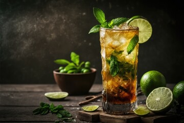 Long rum cocktail with fresh mint, lime juice, cane sugar, and soda, often known as a mojito or virgin mojito. Generative AI - obrazy, fototapety, plakaty