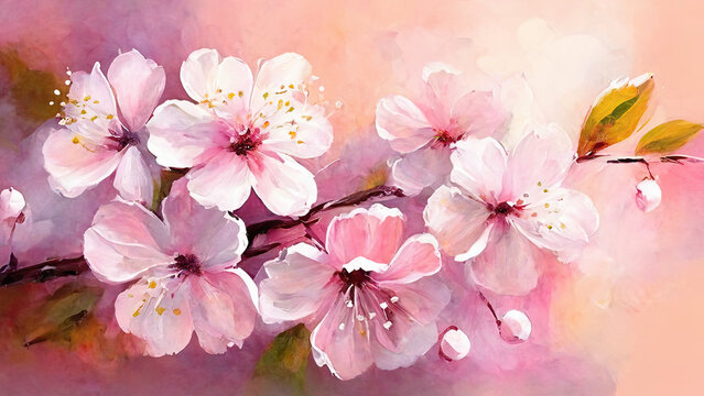 Close Up of Cherry Blossoms Japanese Pink Sakura Painting Over Blurred Background. AI generative. Canvas Texture. Spring Flower Seasonal Nature Background.