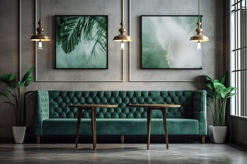 Beautiful cafe sofa decoration. Generative AI