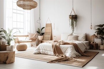bedroom, interior, and photo studio. trendy in beige, white, and brown. Pampas. Flowers are plants. place a copy DIY mockup. Generative AI