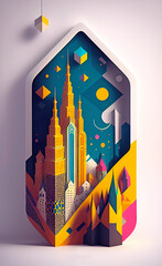 3d style wall art poster with geometric night city skyline and mountain shapes in pink, teal and yellow color palette. Generative AI illustration