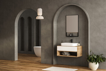 Black bathroom interior with white sink and mirror, carpet on hardwood floor, bathtub, plants. Bathing accessories and window in hotel studio. 3D rendering