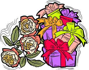 Present box with ribbon bow decorated with flowers for birthday gift, sale promotion, valentines or mothers day card, poster print. Hand drawn cartoon style illustration. Line vector drawing.