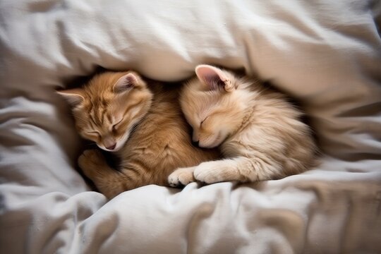 Illustration of two adorable kittens snuggled up on a cozy bed Generative AI