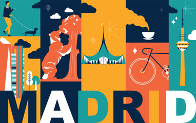 Madrid culture travel set, famous architectures and specialties in flat design. Business travel and tourism concept clipart. Image for presentation, banner, website, advert, flyer, roadmap, icons