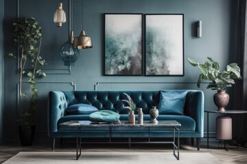 Blue velvet sofa, mock up paintings, design black lamp, plant, table, decoration, concrete floor, and attractive personal accessories in home decor are all featured in this stylish and Generative AI