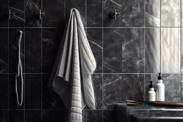Fototapeta na wymiar Black marble tile wall with a hook where a white towel is hanging. Generative AI