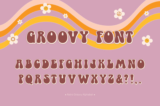Retro Groovy Font. Trendy psychedelic alphabet. 1970s bubble letter style. Hippie hand drawn font. Decorative font for retro designs, posters, collages, greeting cards, clothing, merchandise and more.
