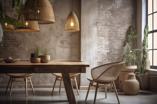 Blur background, contemporary dining area in a rustic apartment, with a handcrafted wooden table and chairs made of rattan. background graphics with copy space. Generative AI