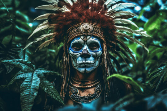 Native American savage in jungle with war bonnet with feathers and skull face paint. Split tone image style. Generative AI