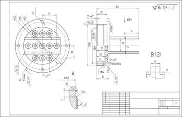 Vector drawing of a steel mechanical part with through holes.
Engineering cad scheme. Technical background.