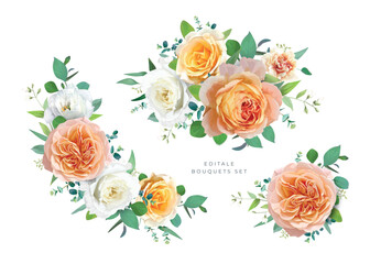 Floral bouquet of peach, orange, yellow, white garden rose flowers, green eucalyptus leaves. Watercolor style vector illustration. Bright rustic summer wedding invite, greeting decorative elements set