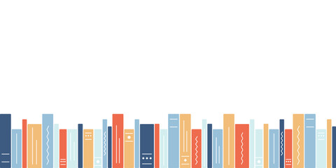 The books are in a row. Library, bookshelf. Textbooks, literature. Book spines. Education, reading. The bottom border of the image. Template for inserting text. Vector illustration.