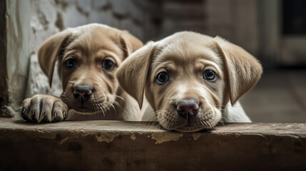 Cute brown Labrador puppies sit in row and pose looking at camera. Generative AI. High quality illustration