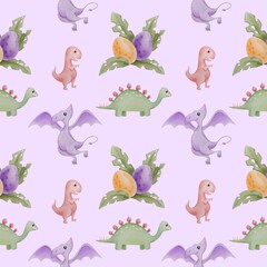 Baby dinosaur pattern on purple background 