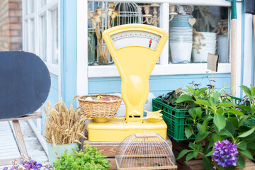 Retro weight scales in outdoor market. Showcase of an street shop with retro vintage balance scales with fruits. Showcase with flowers, green plants, old scales and basket with apples in shop.	
