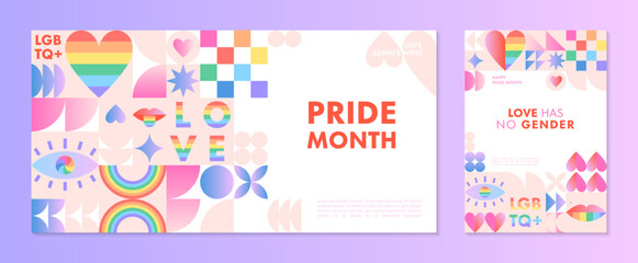 Pride month banners templates.LGBTQ+ community vector illustrations in bauhaus style with geometric elements and rainbow lgbt symbols.Human rights movement concept.Gay parade.Colorful cover designs.