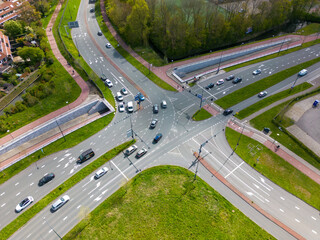 Aerial drone photo of a junction with traffic in the Netherlands