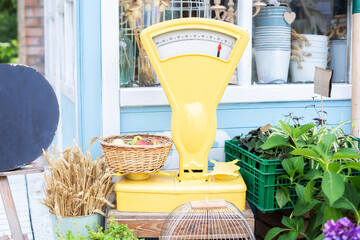 Retro weight scales in outdoor market. Showcase of an street shop with retro vintage balance scales...