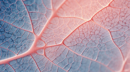 Obraz premium Tender blurred of leaf texture close-up in pastel pink blue shades, abstract Generative AI background