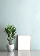 Empty square frame mockup in modern minimalist interior with plant in white vase on pastel green color wall background. Template for artwork, painting, photo or presentation. AI Generative AI