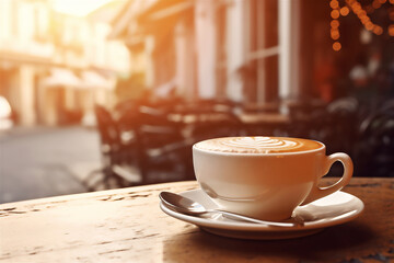 Cappuccino cup with coffee art on the table of European street cafe at sunset. Romantic vintage style. AI generated. Generative AI