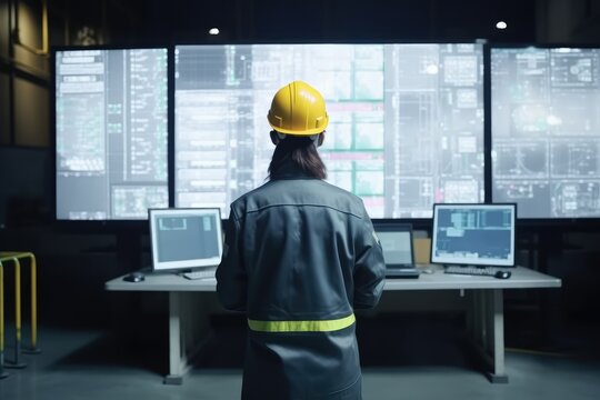 Focused Engineer at Work: Back View in Safety Helmet and Uniforms in Büro, Surrounded by Screens