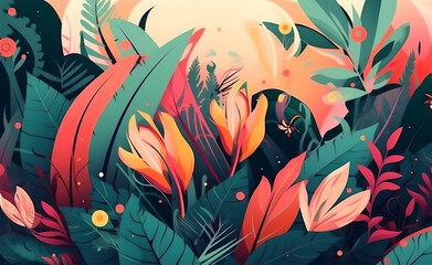 Abstract background organic design of tropical leaves and flowers. Modern colorful tropical floral pattern. AI generated Generative AI