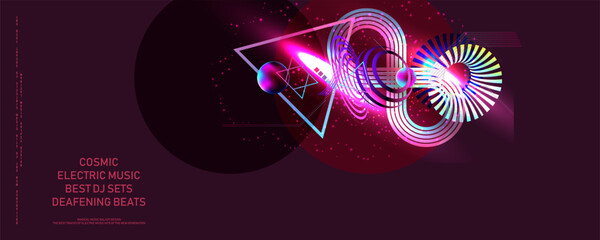 Trevdy color 2023 viva magenta 3d futuristic neon space background with planets and geometric elements. Abstraction background. Vector dihital art
