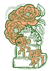 Present box with ribbon bow decorated with flowers for birthday gift, sale promotion, valentines or mothers day card, poster print. Hand drawn cartoon style illustration. Line drawing.